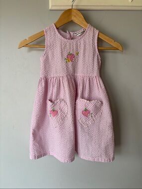 Pink Seersucker Gingham Embroidered Summer Dress Hearts Floral Sleeveless Kids